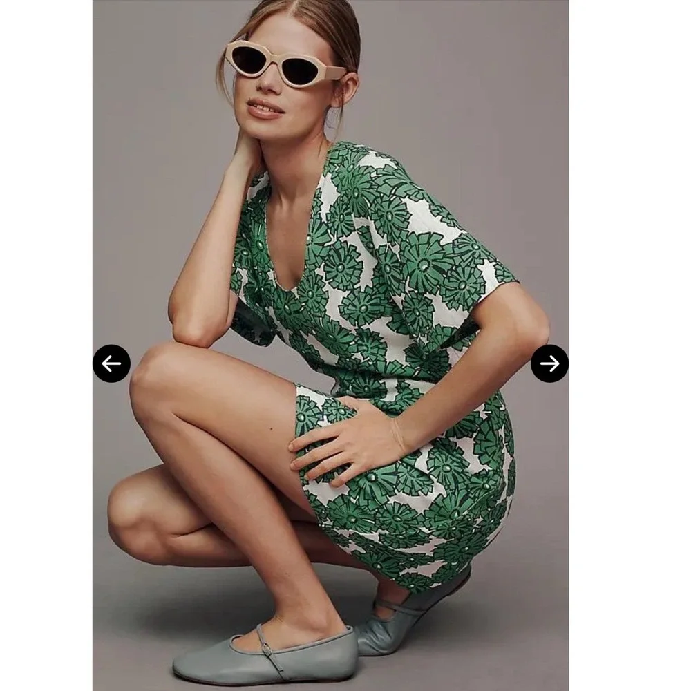 Porridge Clothing Green Floral Linen Blend Mini Dress Short Sleeve Small Retro - Picture 1 of 12